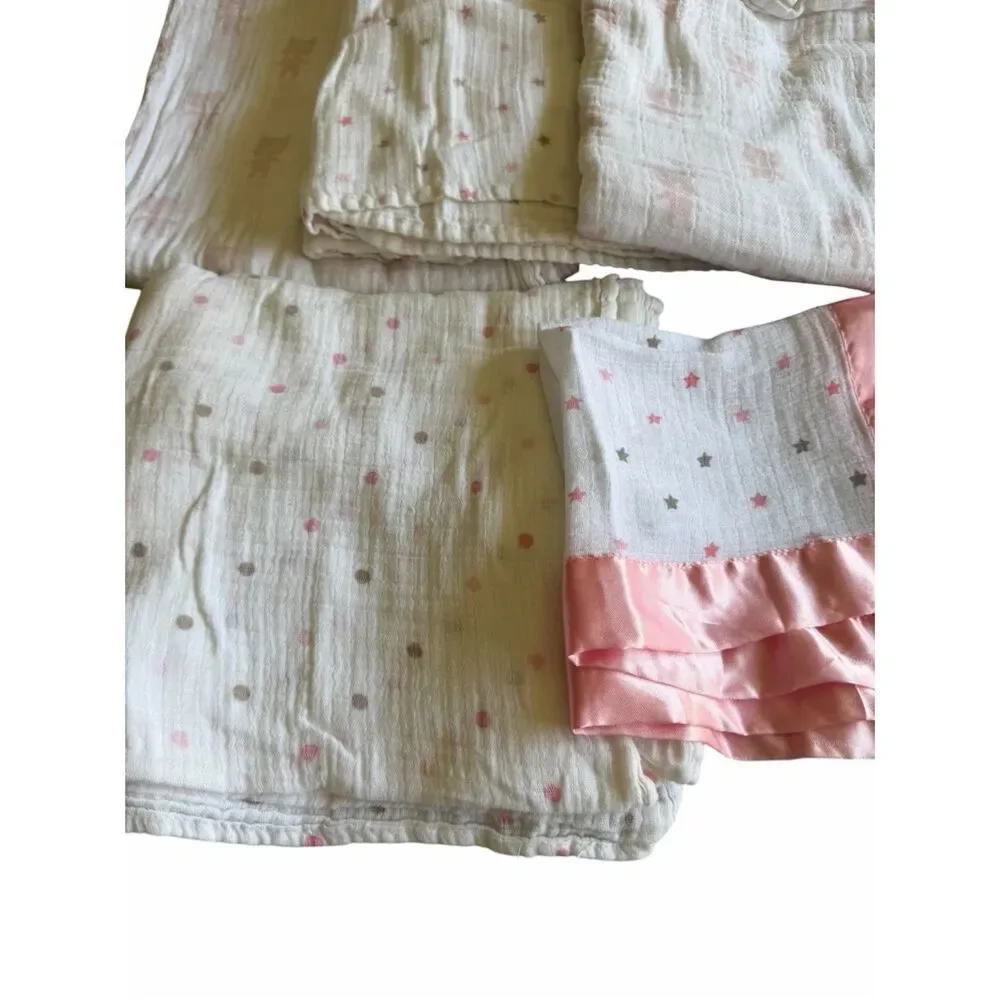 Aden & Anais 7 Blanket Swaddles and a small baby cuddle Pink White